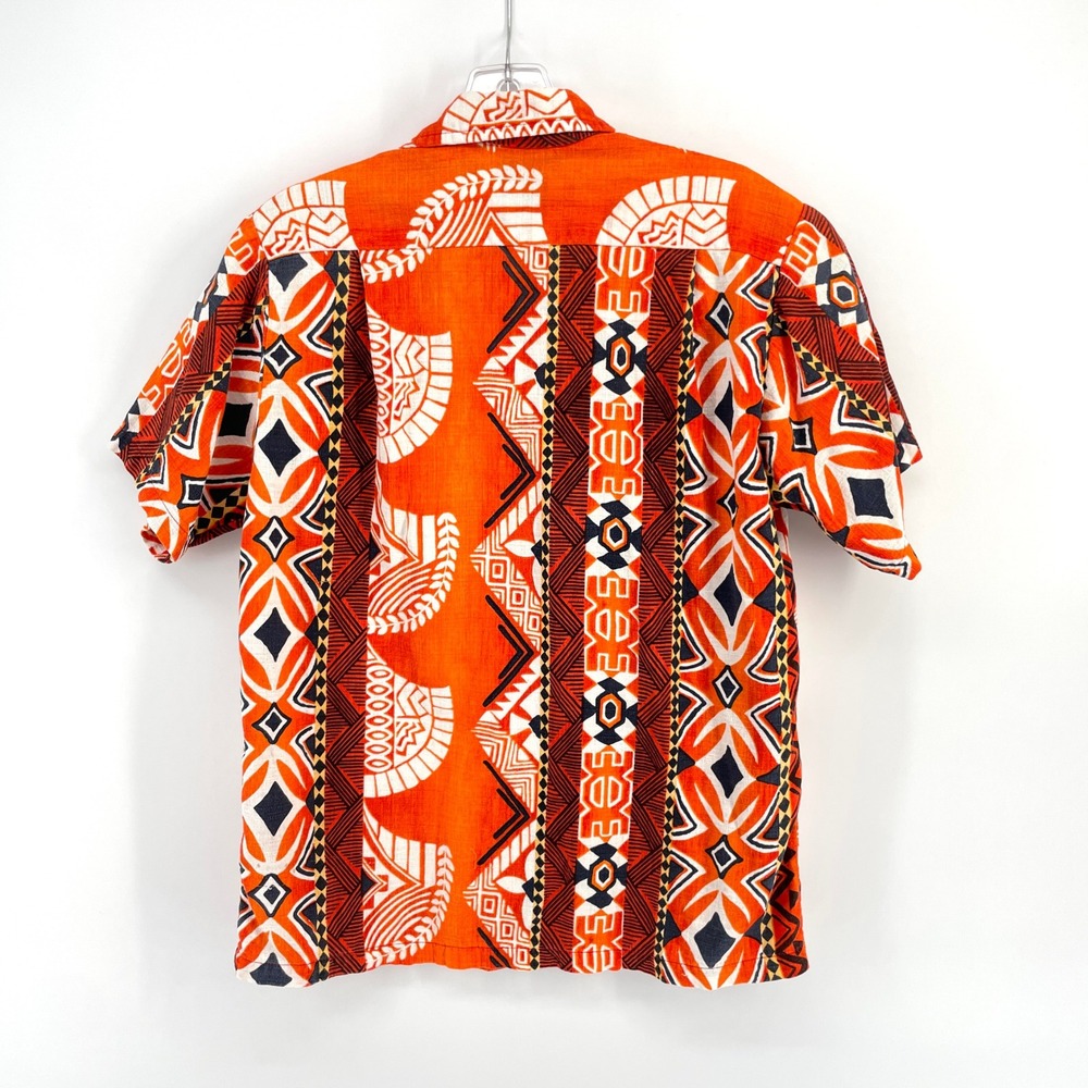 VTG 70s Orange Tribal Print Hawaiian Barkcoth Shirt Short Sleeve Mens Small - Picture 3 of 9